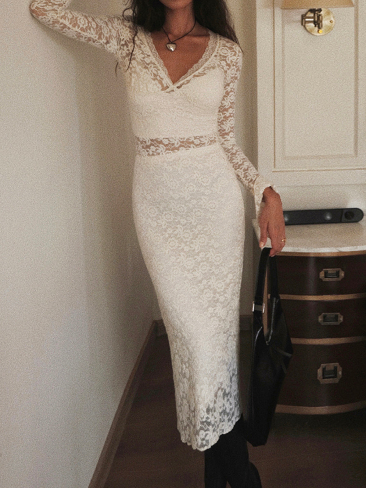 Floral Lace Long Trendy Sleeve Plunge Midi Dress Dresses