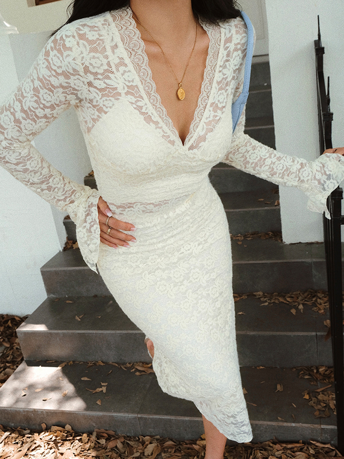 Floral Lace Long Trendy Sleeve Plunge Midi Dress Dresses