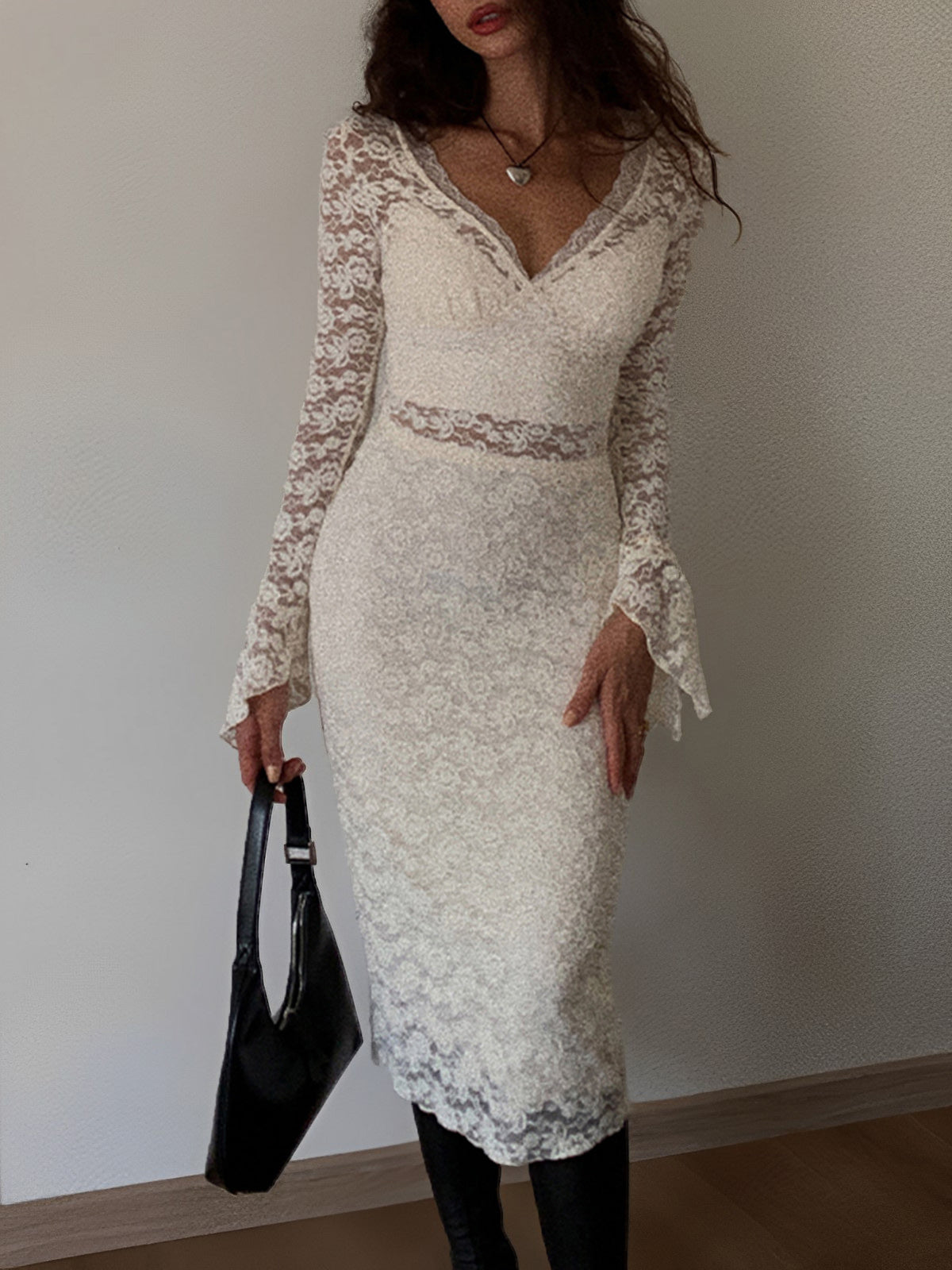 Floral Lace Long Trendy Sleeve Plunge Midi Dress Off White / XS Dresses Main image