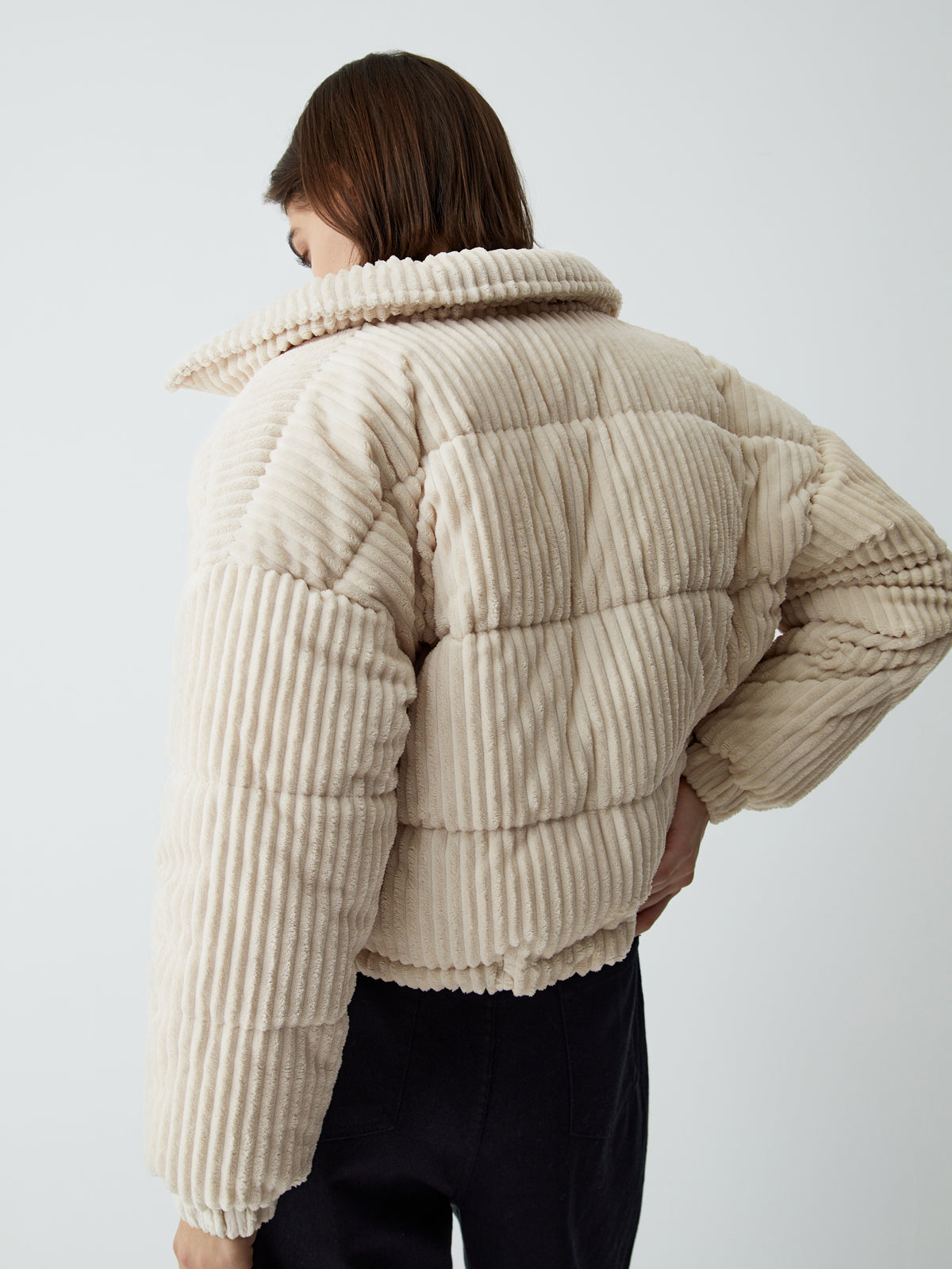 Corduroy Open Graceful Collar Puffer Coat