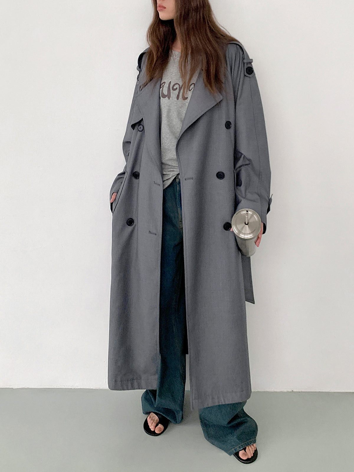 Double Pockets Graceful Longline Trench Coat Grey / XS Trench Coats Main image