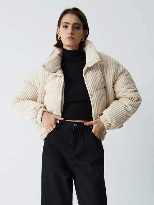 Corduroy Open Graceful Collar Puffer Coat