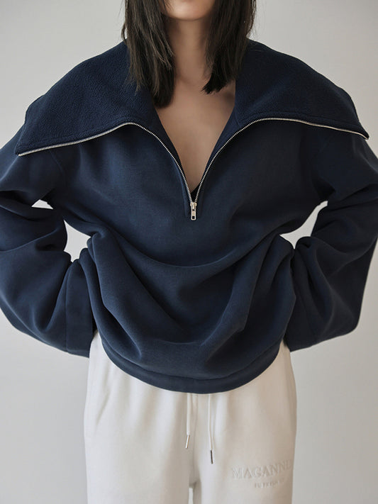 Open Collar Zip Trendy Up Oversized Sweatshirt