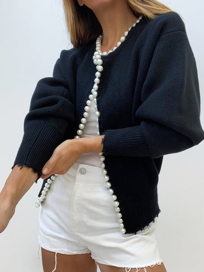 Pearl Trim Graceful Ripped Hem Cardigan