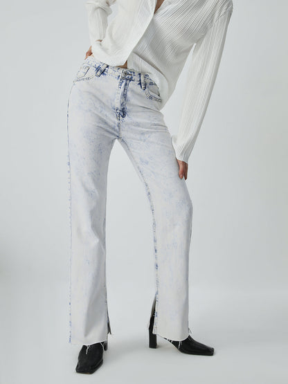 Faded Denim Raw Hem Modern Slit Straight Leg Jeans