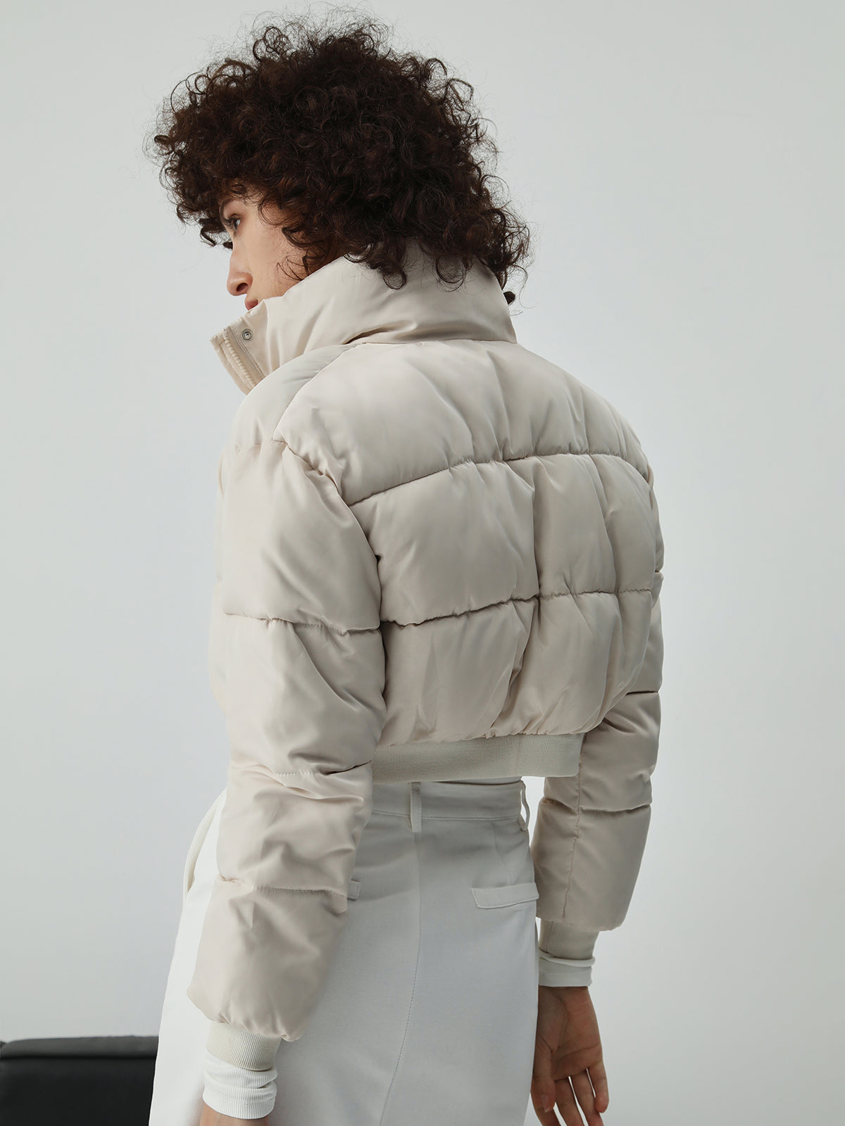 Zip Up Qulited Puffer Modern Stand Collar Crop Coat