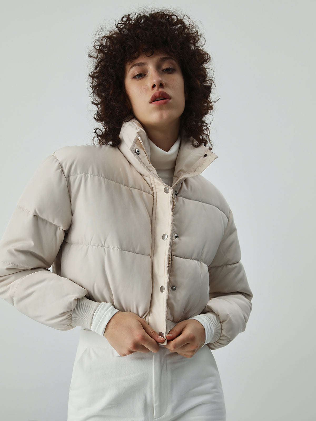 Zip Up Qulited Puffer Modern Stand Collar Crop Coat