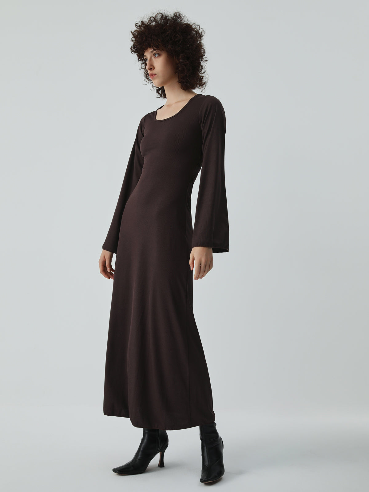 Caramel Flare Long Trendy Sleeve Knit Long Dress Brown / S Knit Dresses Main image