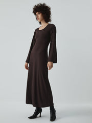 Caramel Flare Long Trendy Sleeve Knit Long Dress Brown / S Knit Dresses