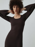 Caramel Flare Long Trendy Sleeve Knit Long Dress Knit Dresses