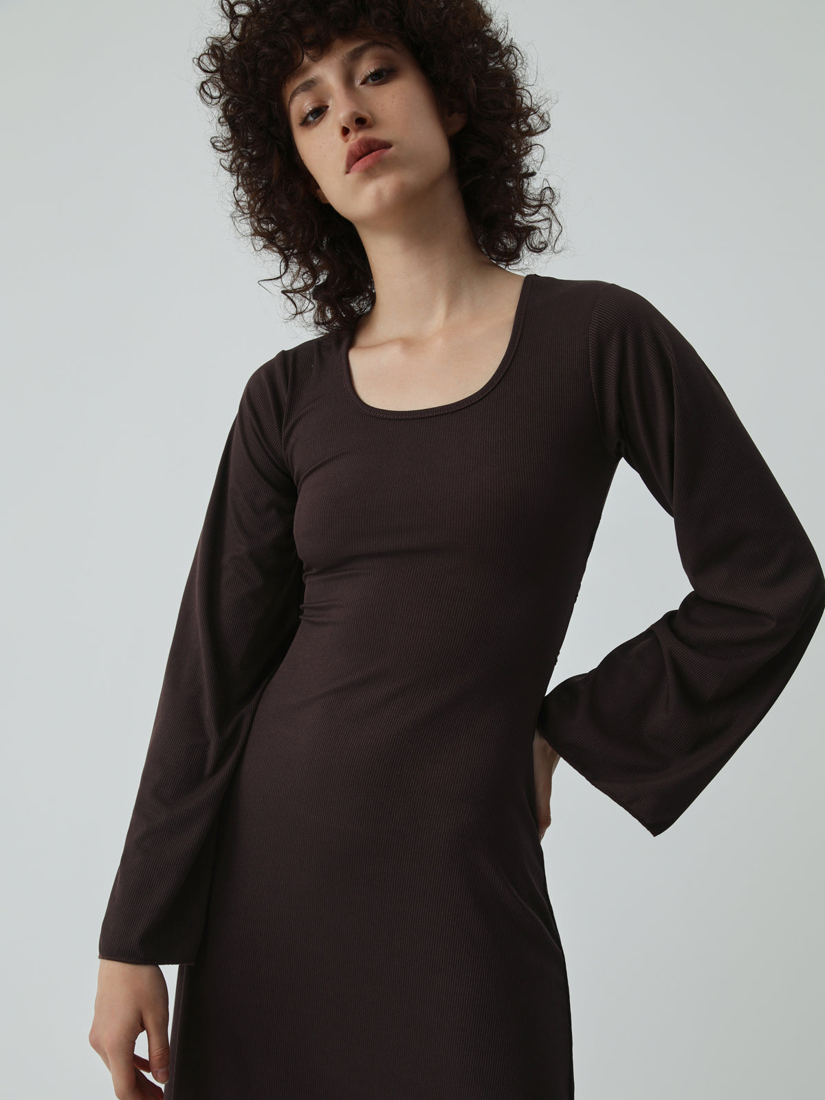 Caramel Flare Long Trendy Sleeve Knit Long Dress Knit Dresses