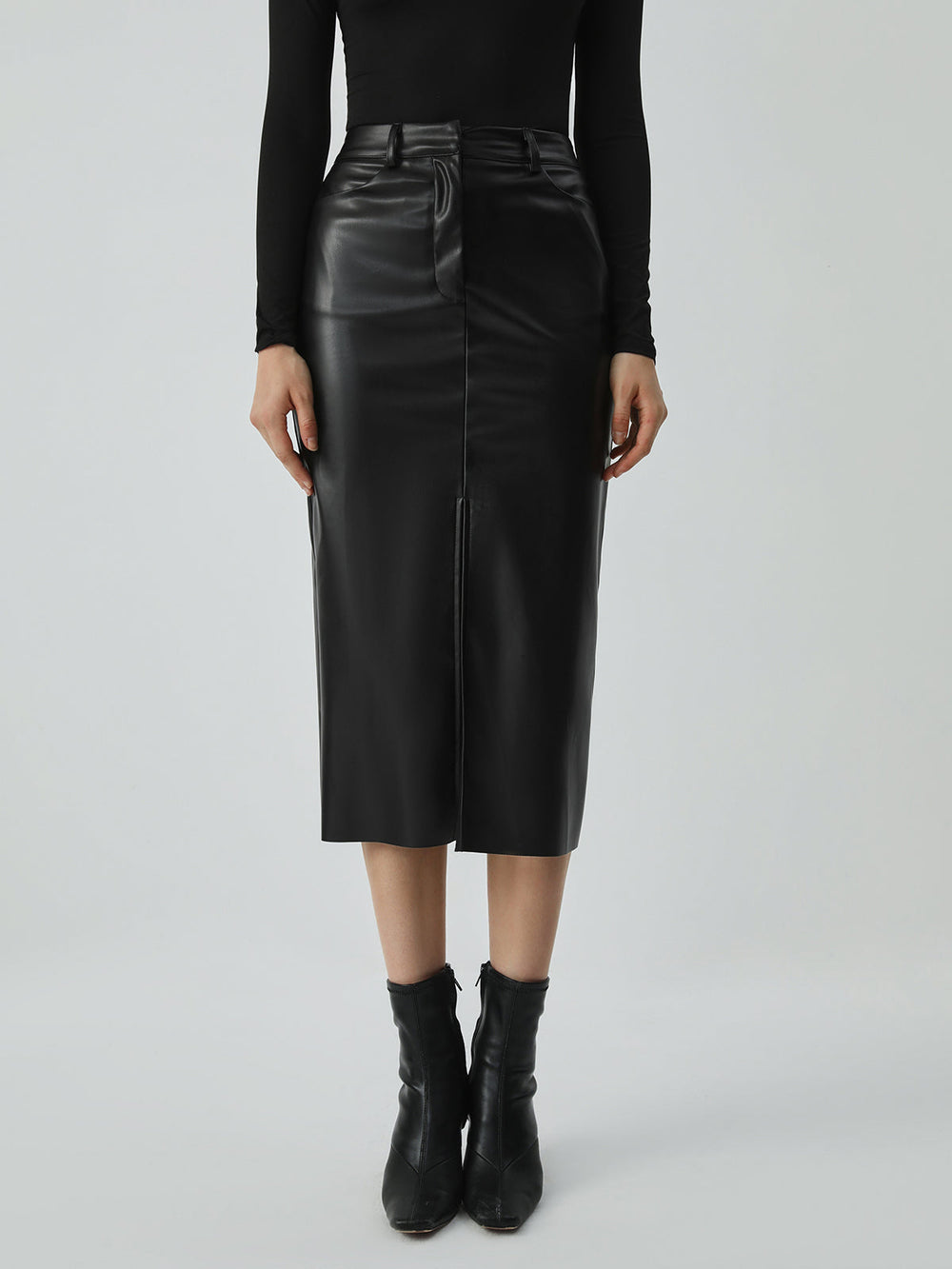 Faux Leather Graceful Pockets Midi Skirt Black / XS Skirts