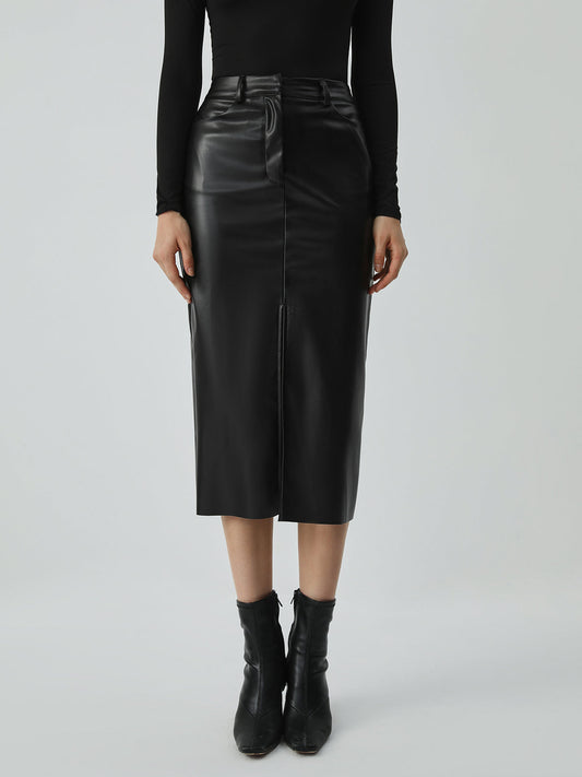 Faux Leather Graceful Pockets Midi Skirt