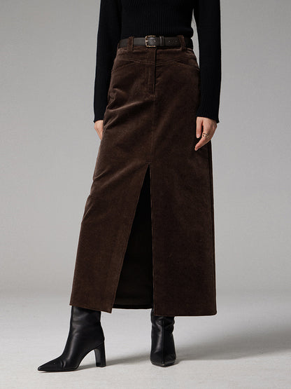 Pockets Corduroy Graceful Slit Maxi Skirt