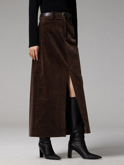 Pockets Corduroy Graceful Slit Maxi Skirt