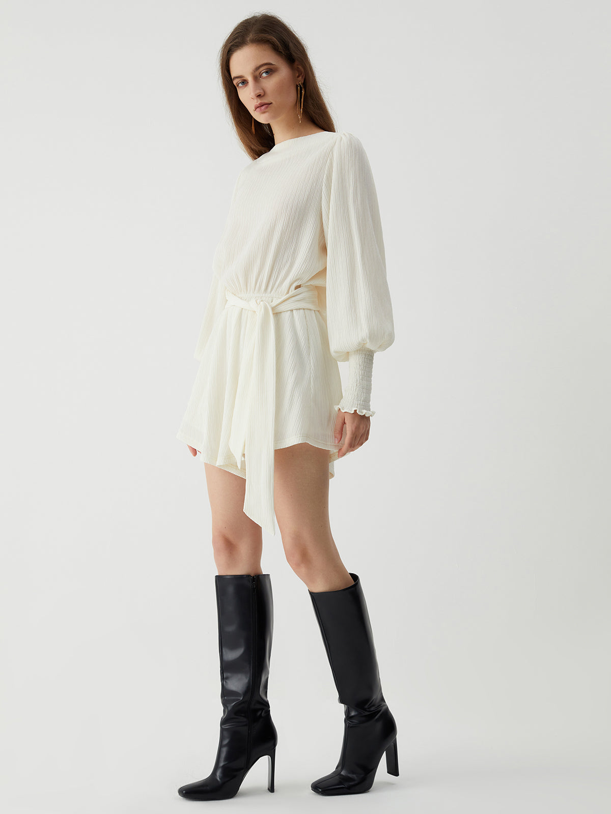 Tie Front Cowl Back Modern Long Sleeve Short Dress Jumpsuits