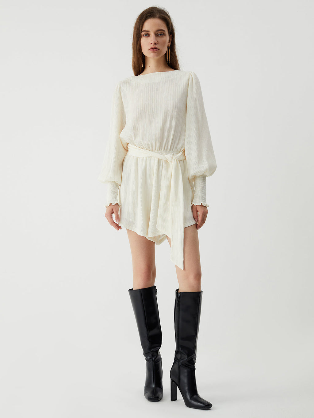 Tie Front Cowl Back Modern Long Sleeve Short Dress Jumpsuits