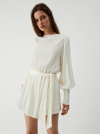 Tie Front Cowl Back Modern Long Sleeve Short Dress Off White / XS Jumpsuits