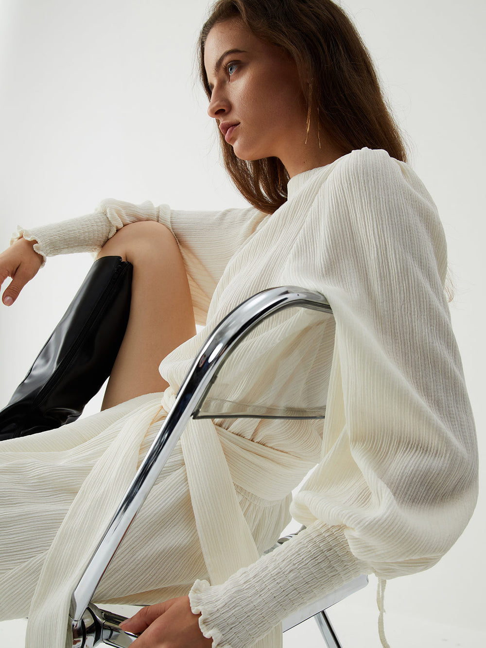 Tie Front Cowl Back Modern Long Sleeve Short Dress Jumpsuits