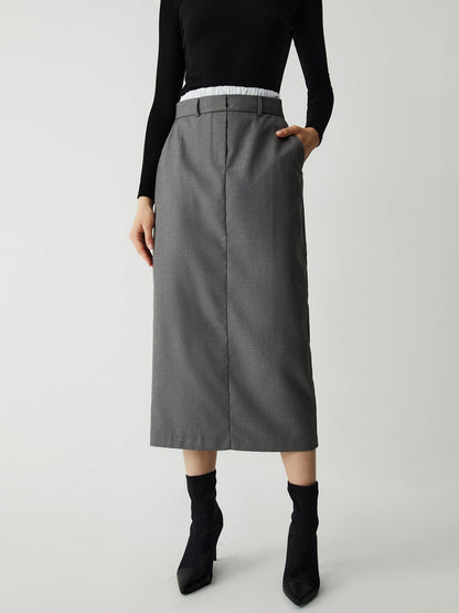 Patchwork Waistband Double Trendy Pockets Midi Skirt