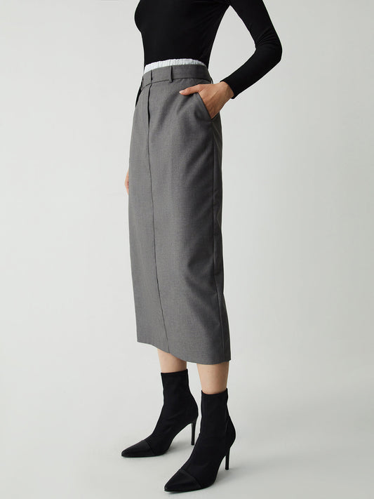 Patchwork Waistband Double Trendy Pockets Midi Skirt