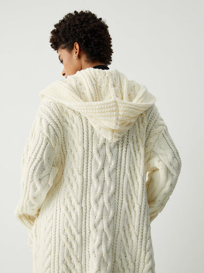 Cable Knit Graceful Hooded Longline Cardigan