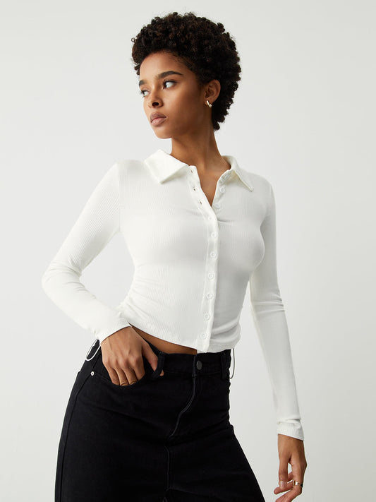 Open Collar Ruched Trendy Long Sleeve Shirt