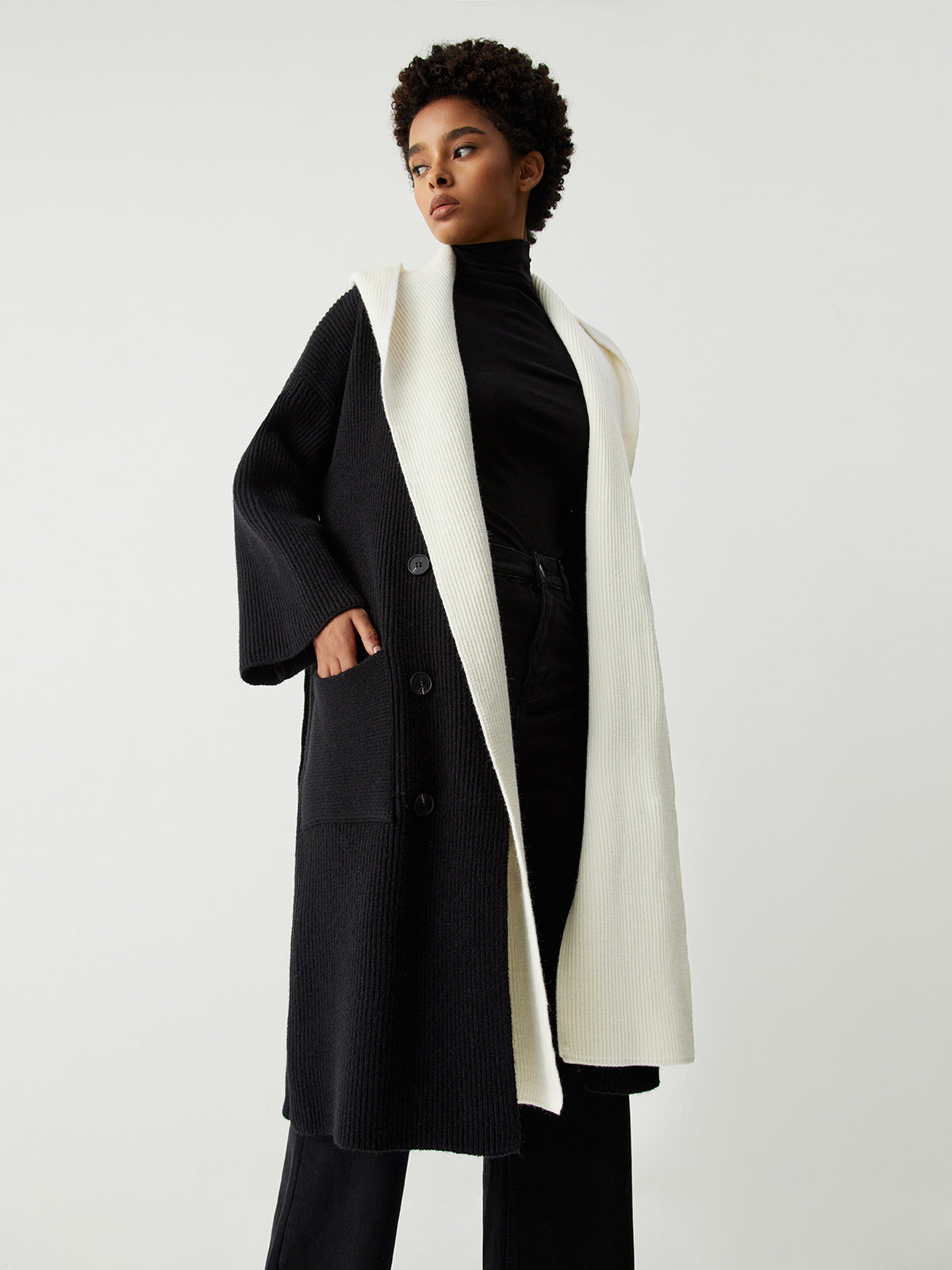 Two Tone Hooded Trendy Belted Longline Cardigan Sweaters L