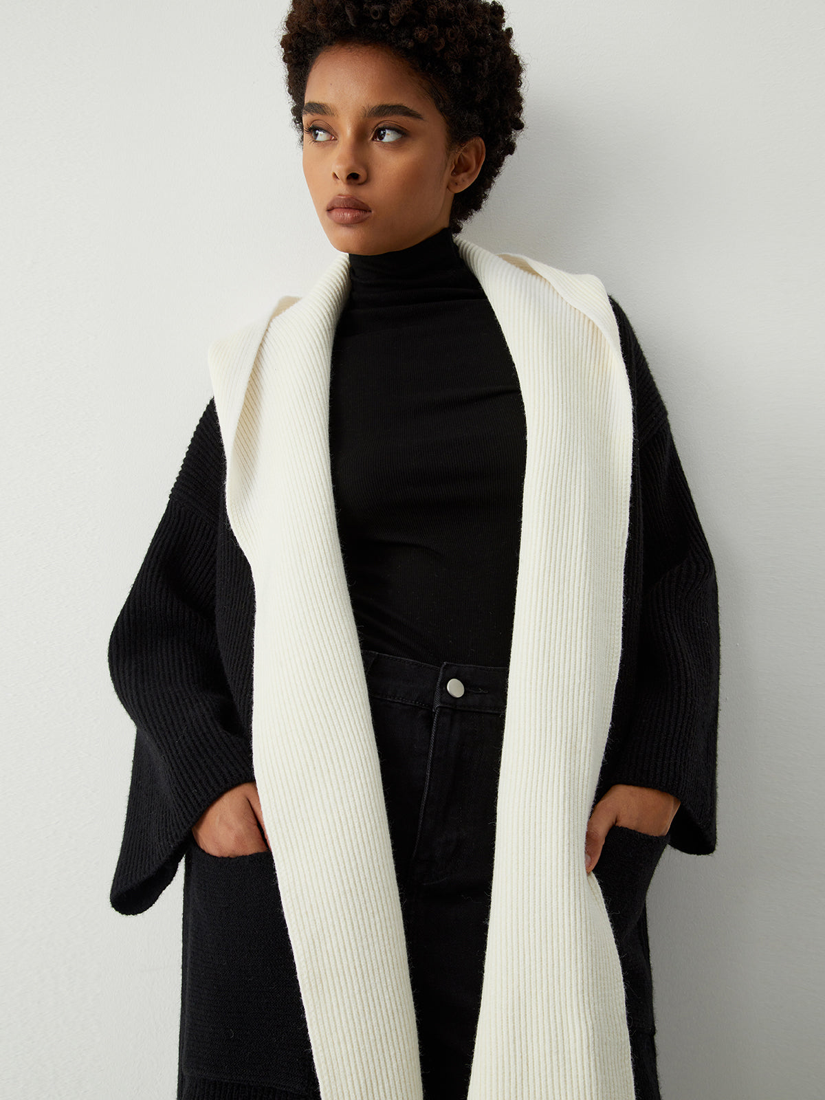 Two Tone Hooded Trendy Belted Longline Cardigan Sweaters L