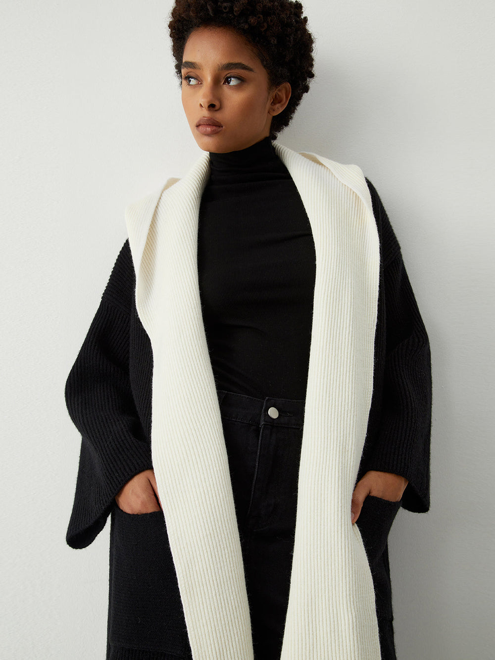 Two Tone Hooded Trendy Belted Longline Cardigan Sweaters L
