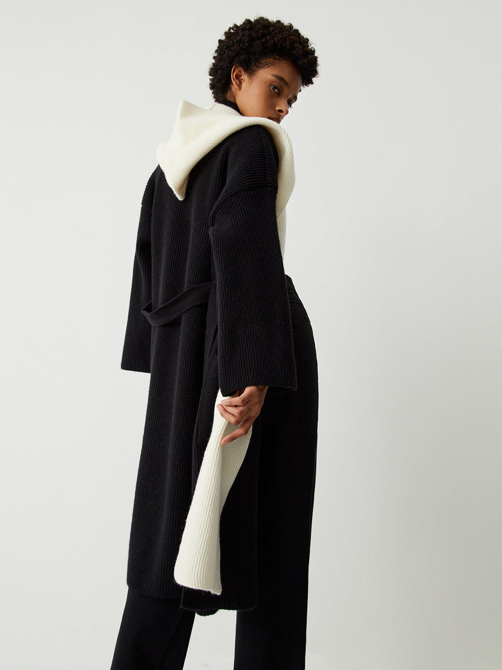 Two Tone Hooded Trendy Belted Longline Cardigan Sweaters L