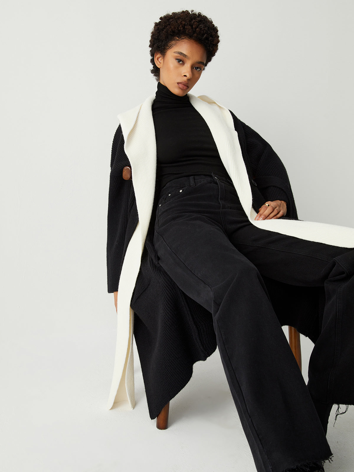 Two Tone Hooded Trendy Belted Longline Cardigan Black / S Sweaters L Main image