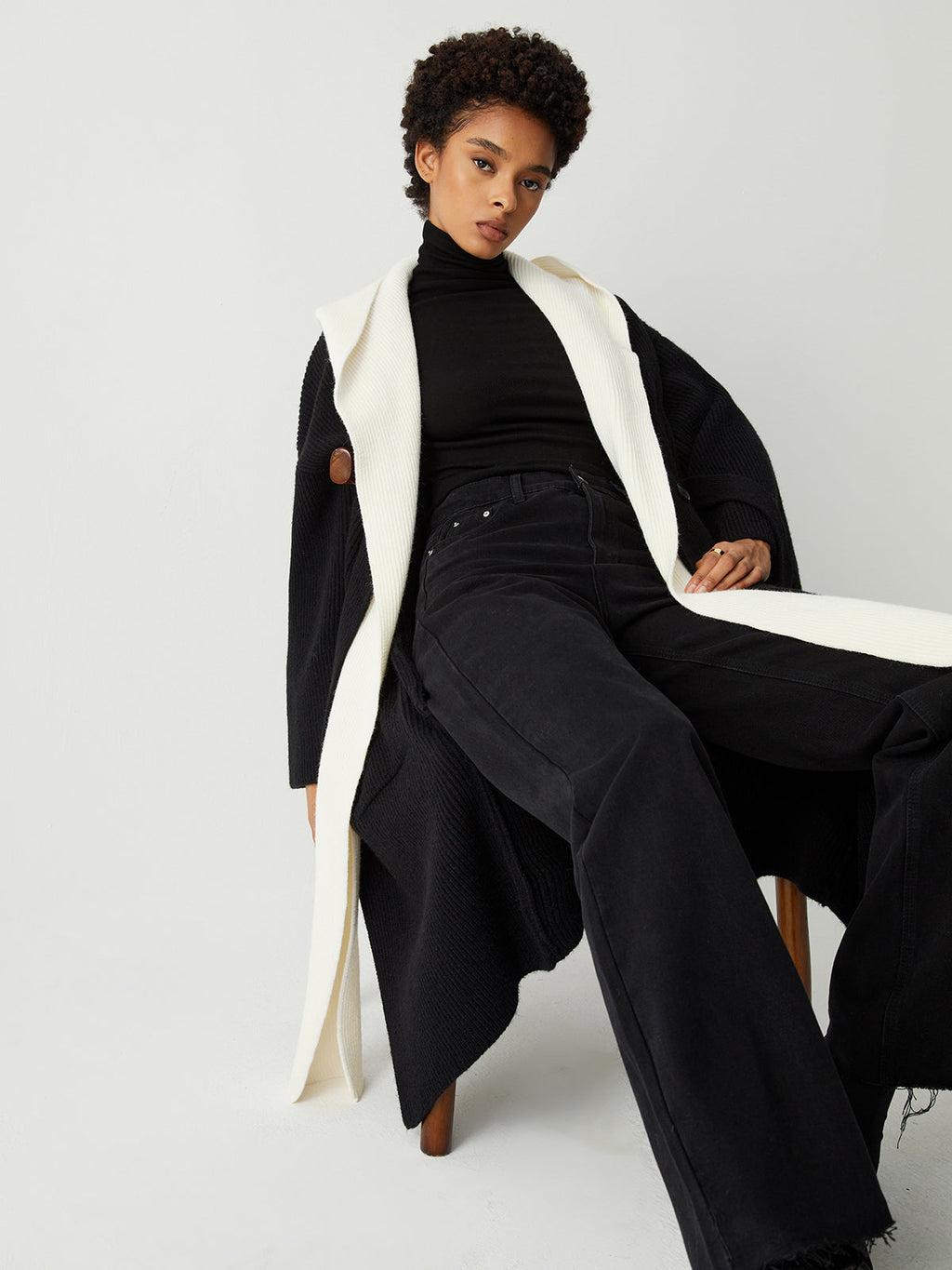 Two Tone Hooded Trendy Belted Longline Cardigan Black / S Sweaters L