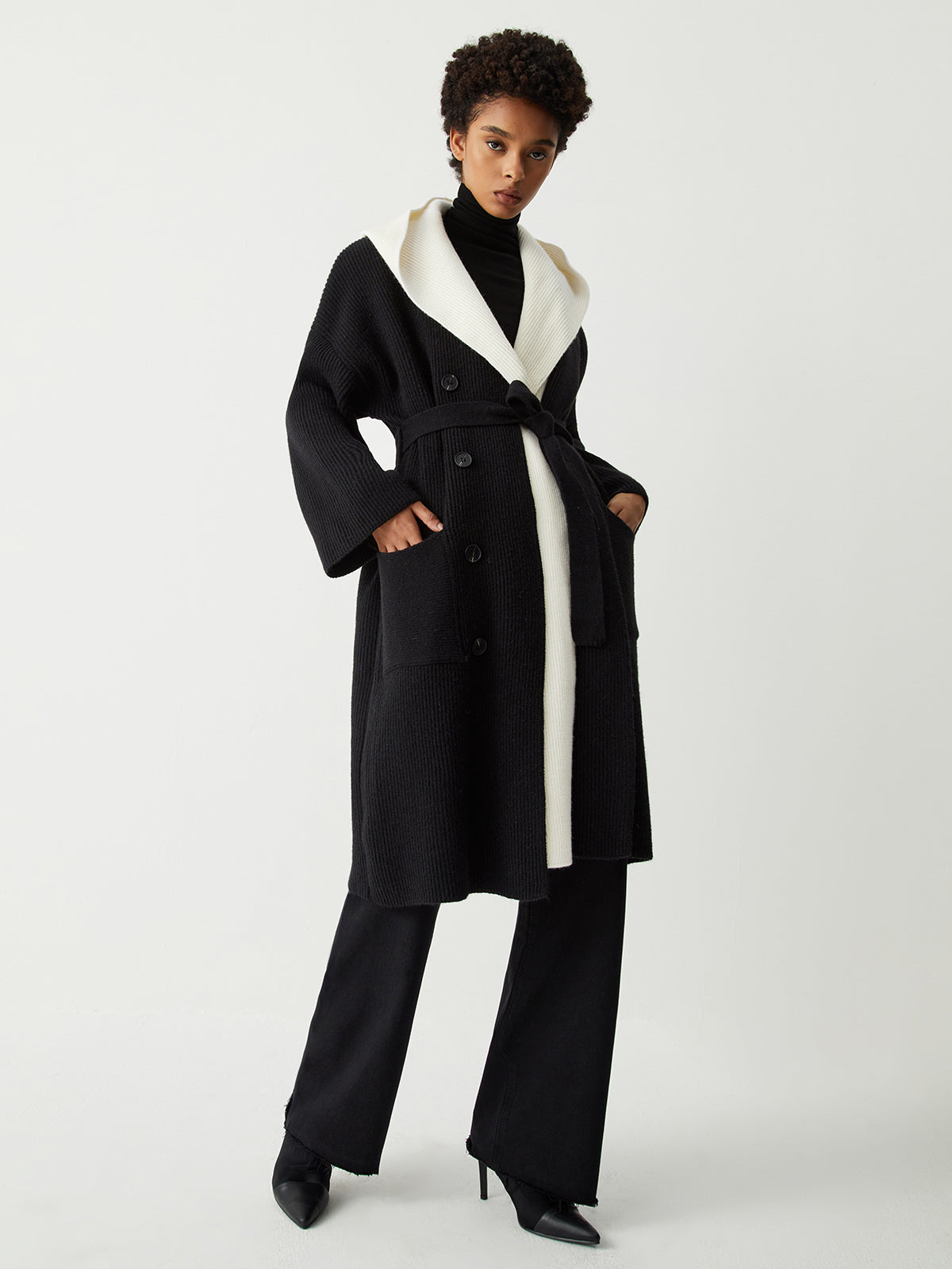 Two Tone Hooded Trendy Belted Longline Cardigan Sweaters L