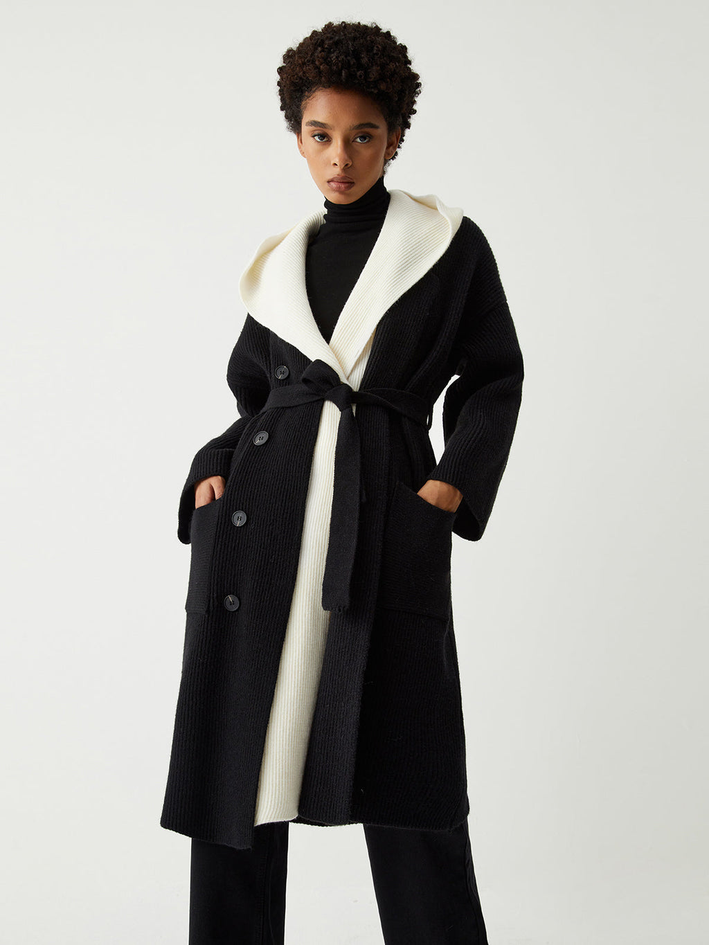 Two Tone Hooded Trendy Belted Longline Cardigan Sweaters L