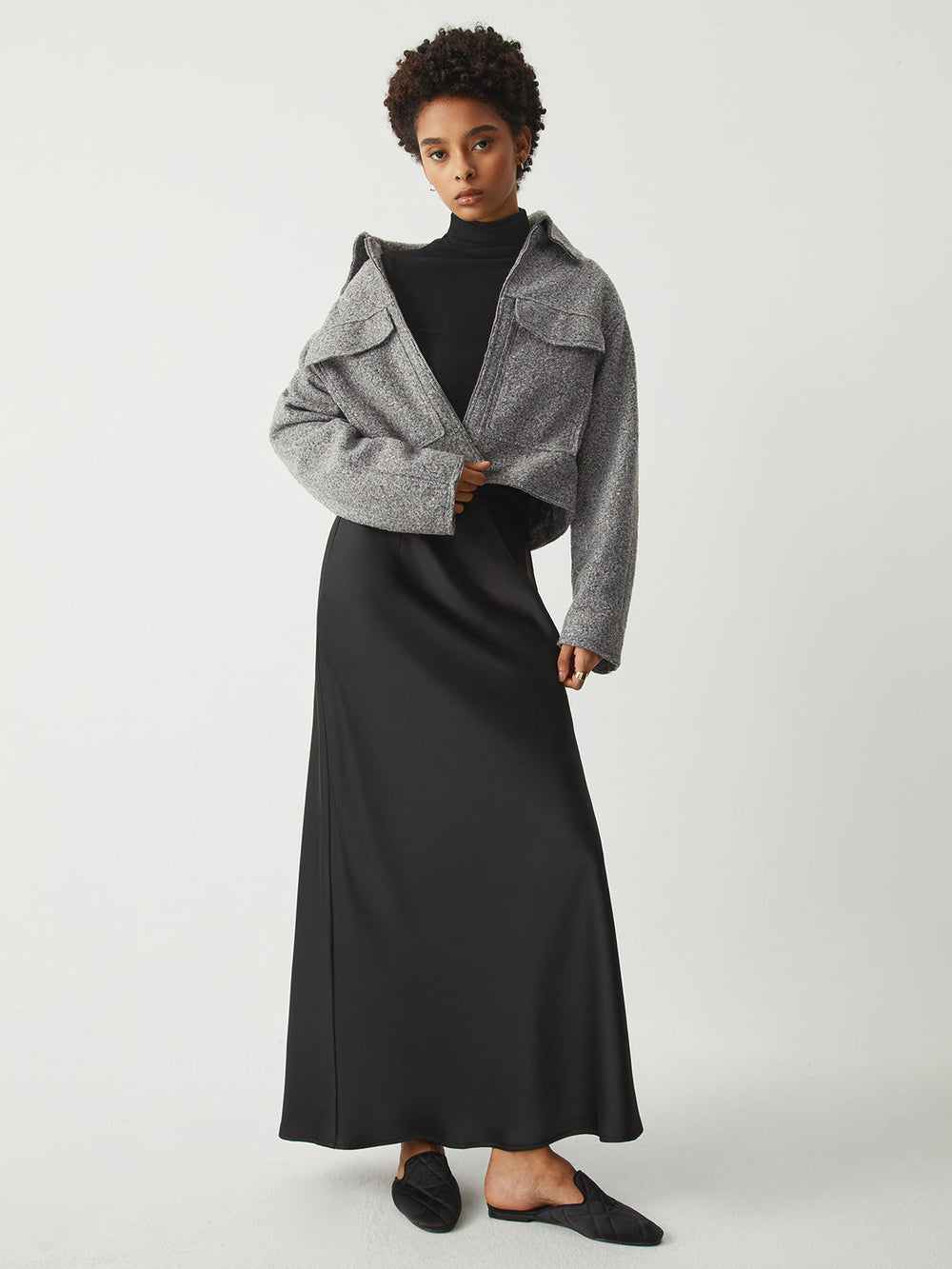 Tweed Open Collar Trendy Zip Up Crop Jacket Jackets
