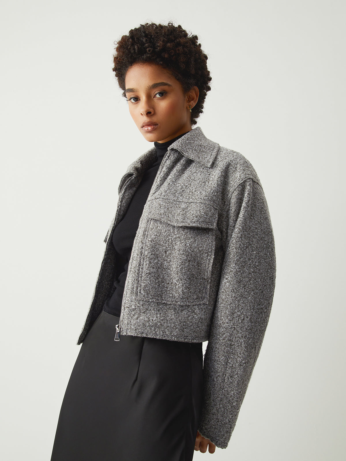 Tweed Open Collar Trendy Zip Up Crop Jacket Secondary image