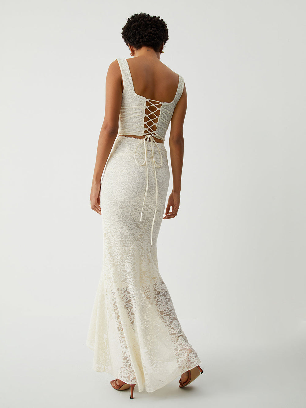 Cream Floral Lace Tie Modern Back Crop Corset Top Tank Tops & Camis