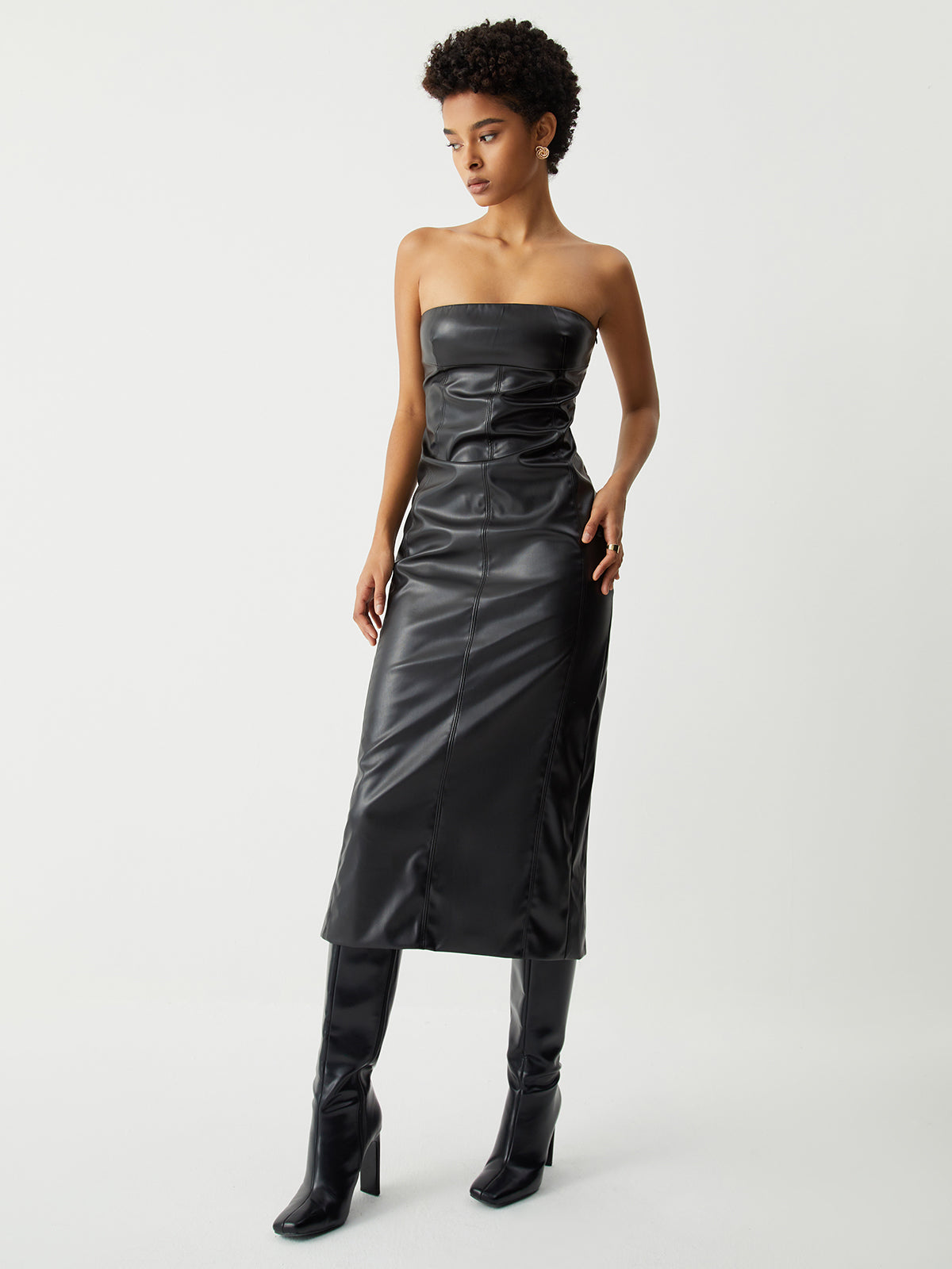 Ruched Faux Leather Trendy Tube Midi Dress Black / XS Dresses Main image