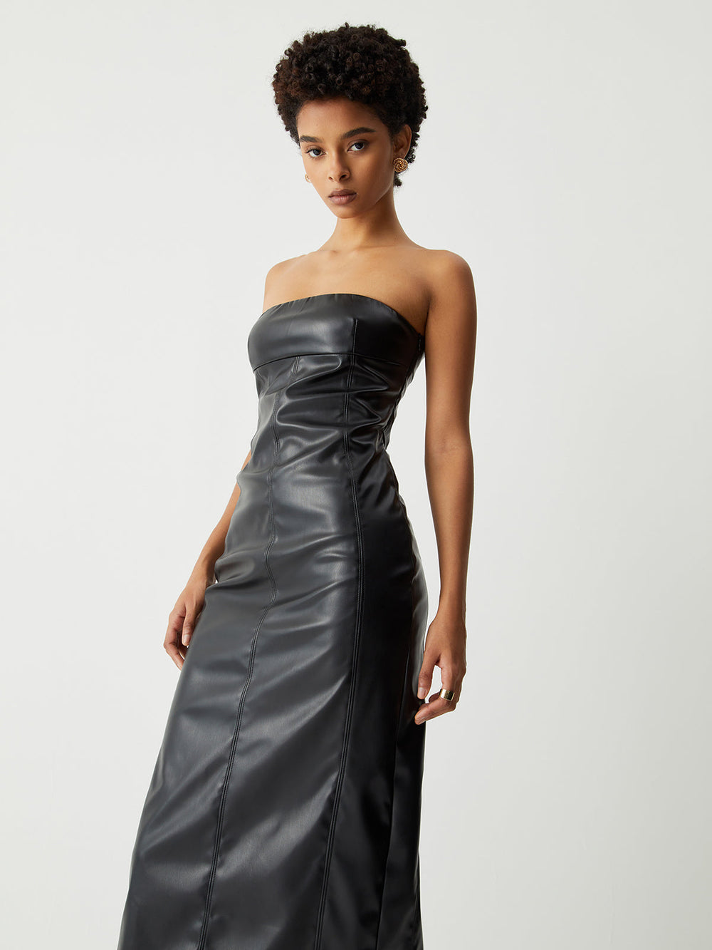Ruched Faux Leather Trendy Tube Midi Dress Dresses