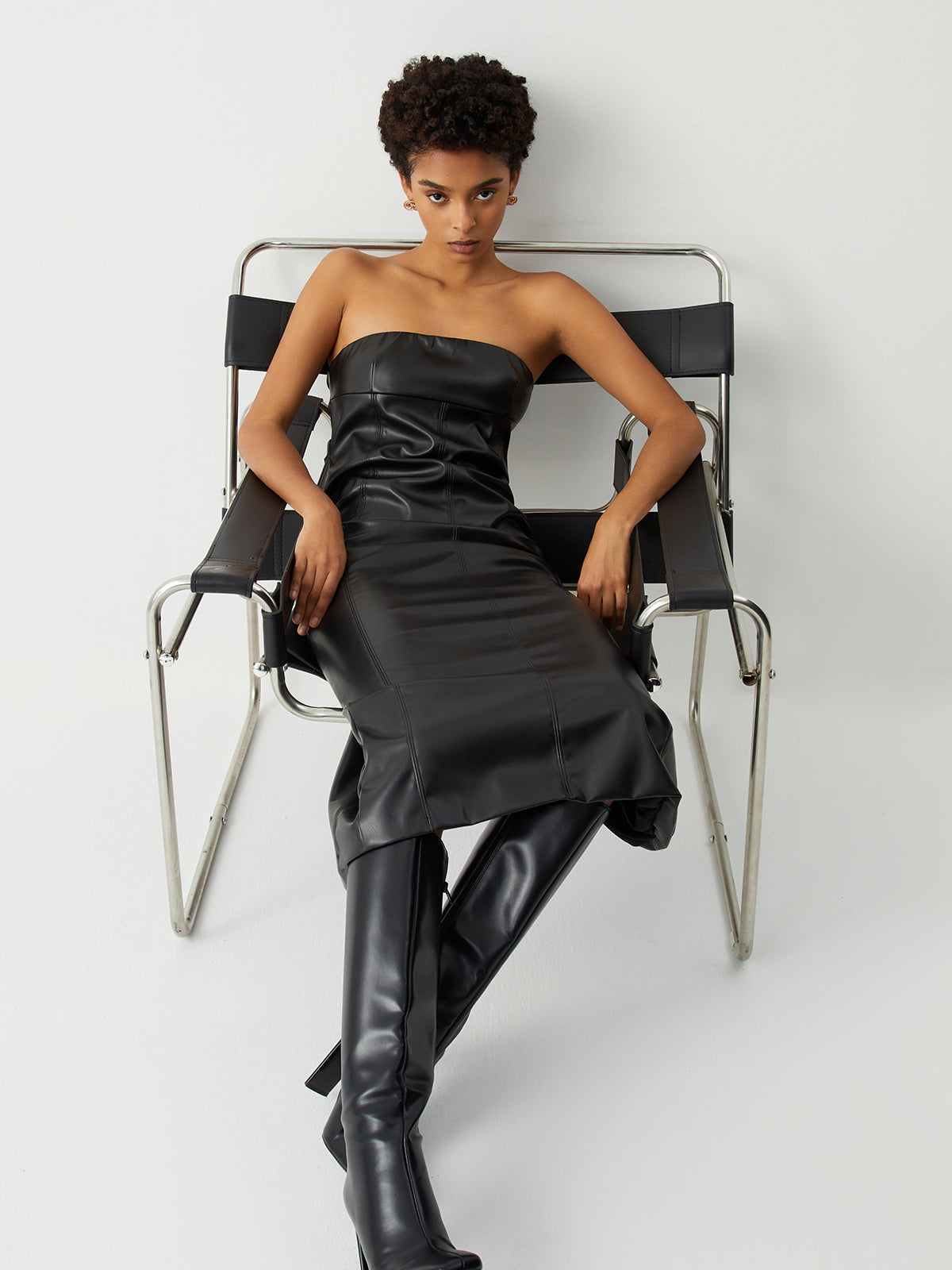 Ruched Faux Leather Trendy Tube Midi Dress Secondary image