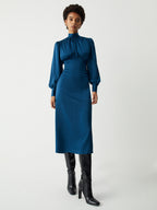 Satin Mock Neck Tie Modern Back Long Sleeve Midi Dress Dresses