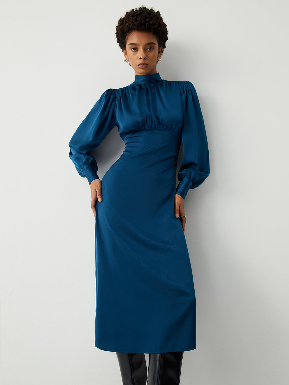 Satin Mock Neck Tie Modern Back Long Sleeve Midi Dress Blue / XS Dresses Main image