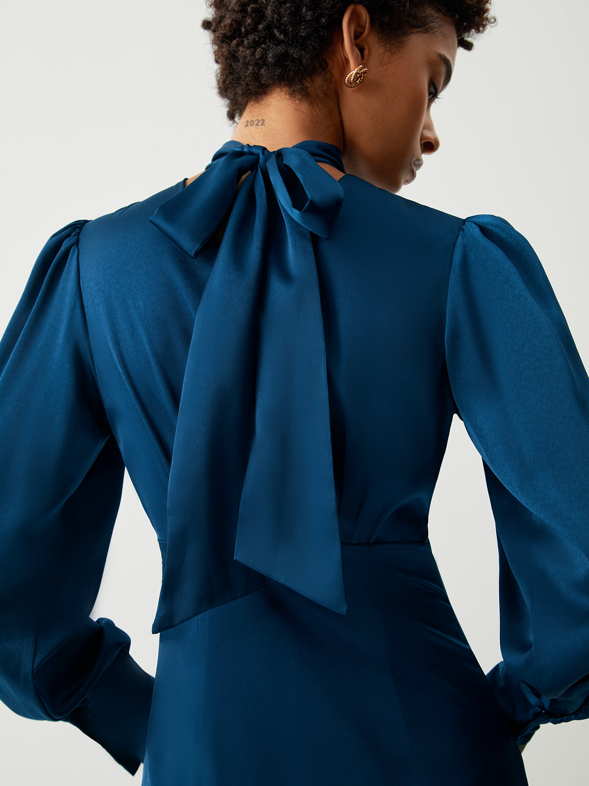 Satin Mock Neck Tie Modern Back Long Sleeve Midi Dress Secondary image