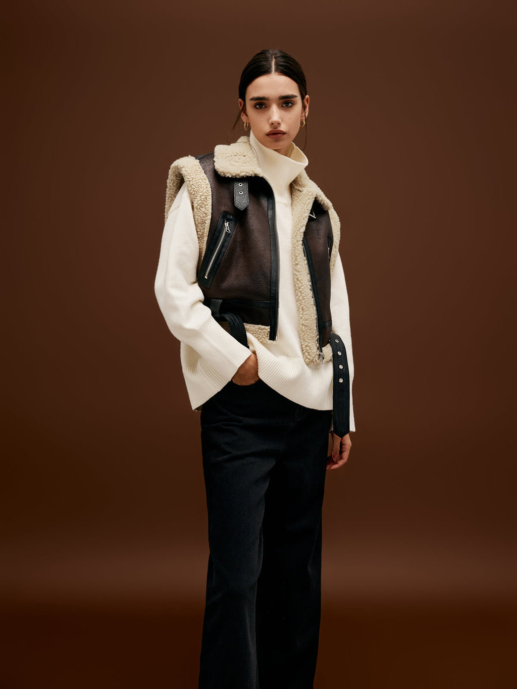 Sherpa Lined Shearling Trendy Leather Biker Crop Vest Vests