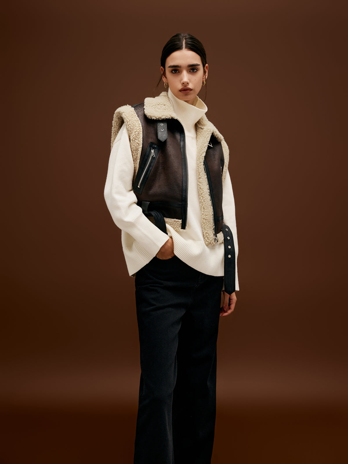 Sherpa Lined Shearling Trendy Leather Biker Crop Vest Vests