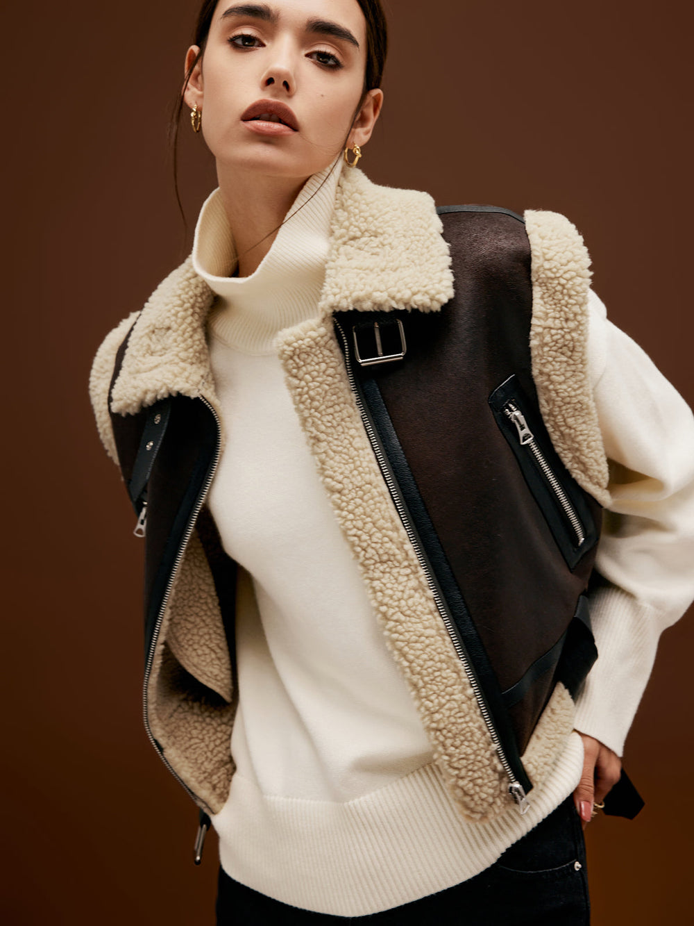 Sherpa Lined Shearling Trendy Leather Biker Crop Vest Brown / XS Vests