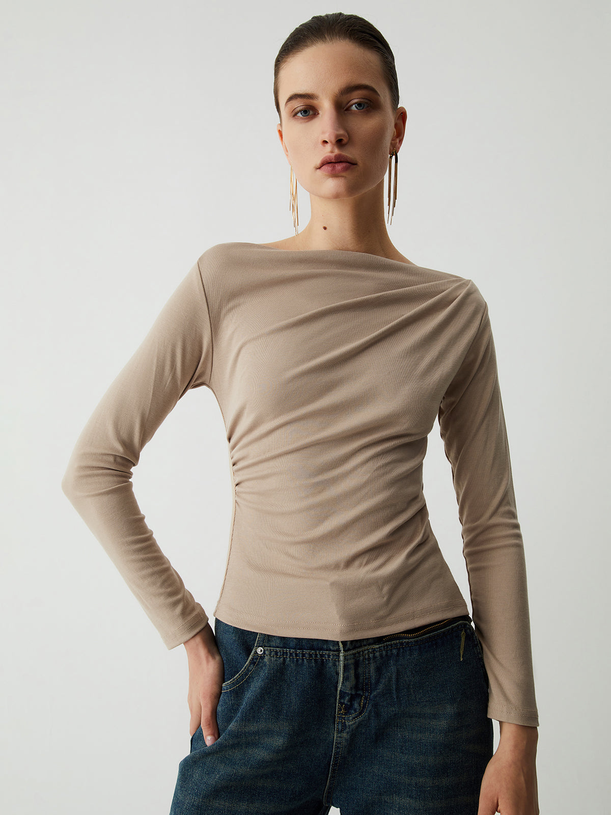 Oatmeal Ruched Graceful Long Sleeve Top Khaki / XS T Shirts Main image