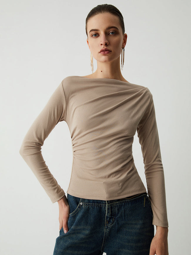 Oatmeal Ruched Graceful Long Sleeve Top Khaki / XS T Shirts Main image