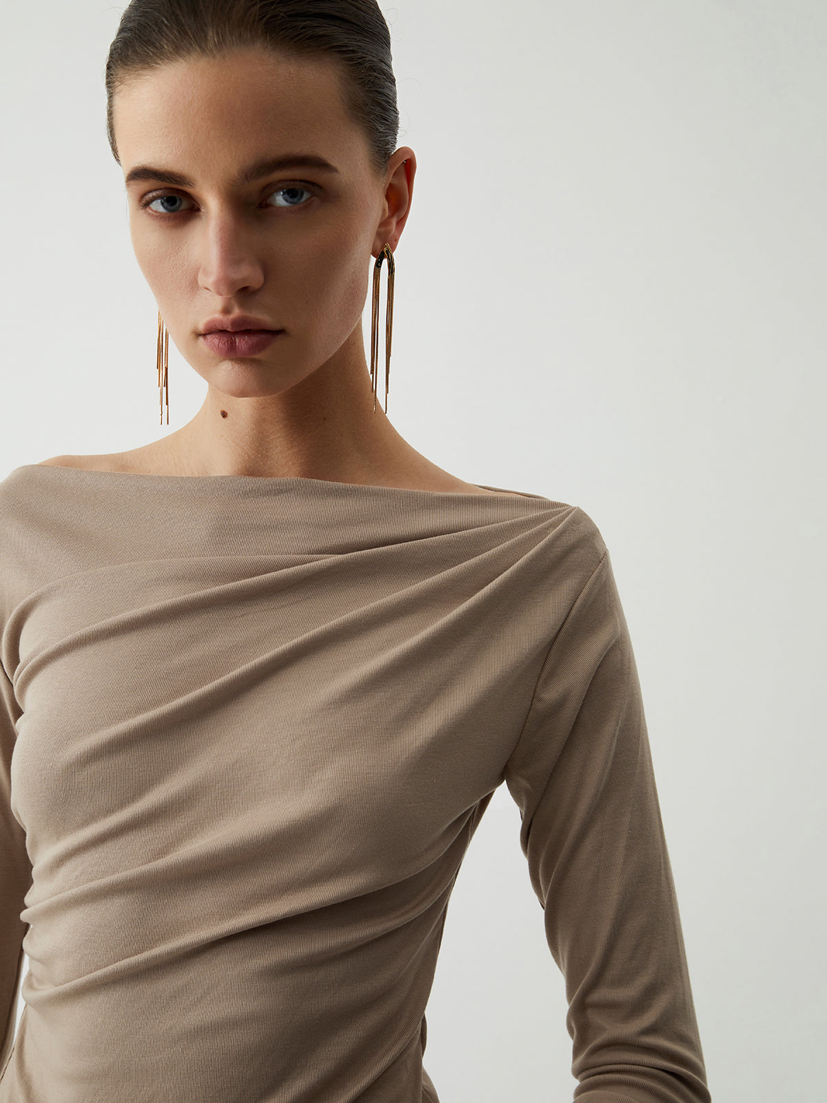 Oatmeal Ruched Graceful Long Sleeve Top T Shirts